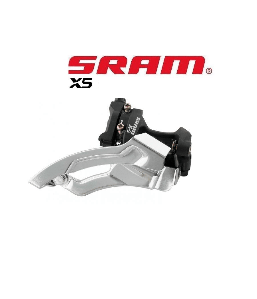 Sram-X5-3x9-2.png Detaljrik bild av en framväxel Sram X5 med lågklämma, avsedd för 3x9-växlade system. Silverfärgad metall och svarta detaljer framhävs av starkt ljus.