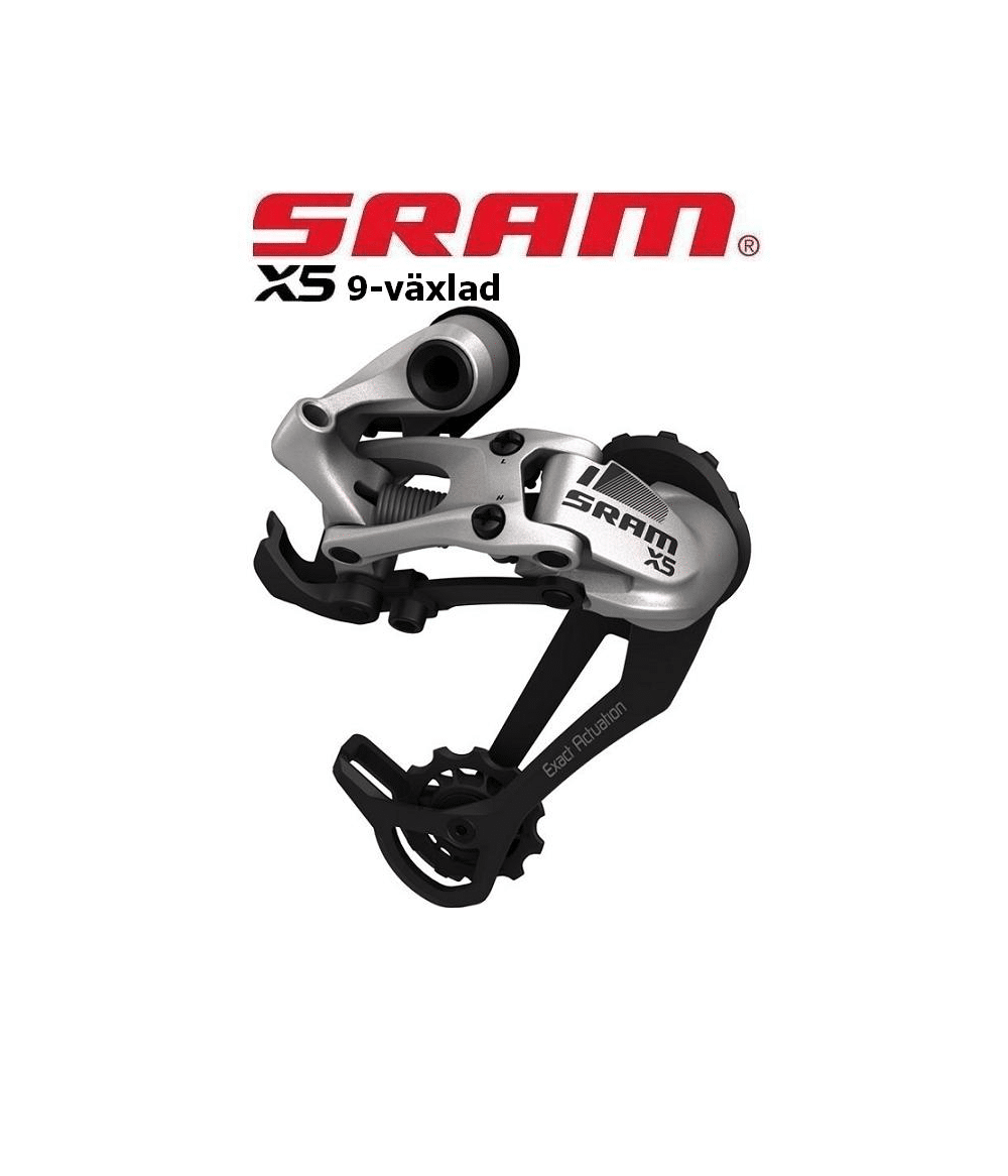 Sram-X5-3x9-silver.png Detaljerad bild av en Sram X5 9-växlad bakväxel, belyst i en studio, som visar dess silverfärgade och svarta komponenter. Texten "Exact Actuation" syns tydligt.