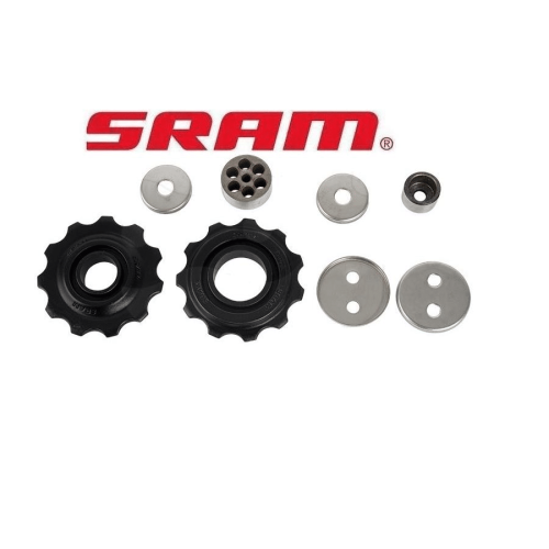 Detaljerad bild av Sram X7 rulltrissor för 9-delad växling. Sortimentet inkluderar kedjehjul, distanser och andra smådelar. Professionell produktfotografering med skarpt fokus mot en ren, vit bakgrund.