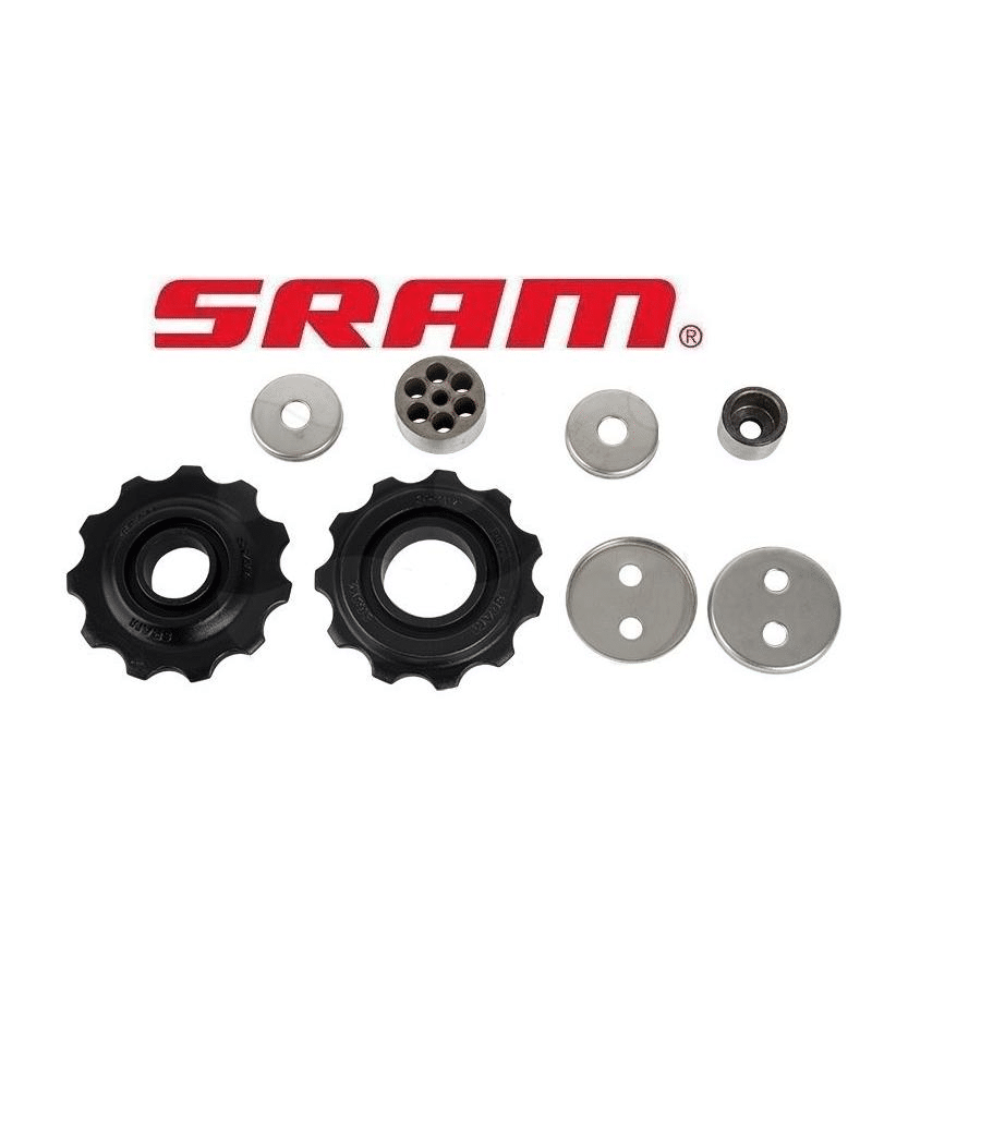 Sram-X7-rulltrissor.png Detaljerad bild av Sram X7 rulltrissor för 9-delad växling. Sortimentet inkluderar kedjehjul, distanser och andra smådelar. Professionell produktfotografering med skarpt fokus mot en ren, vit bakgrund.
