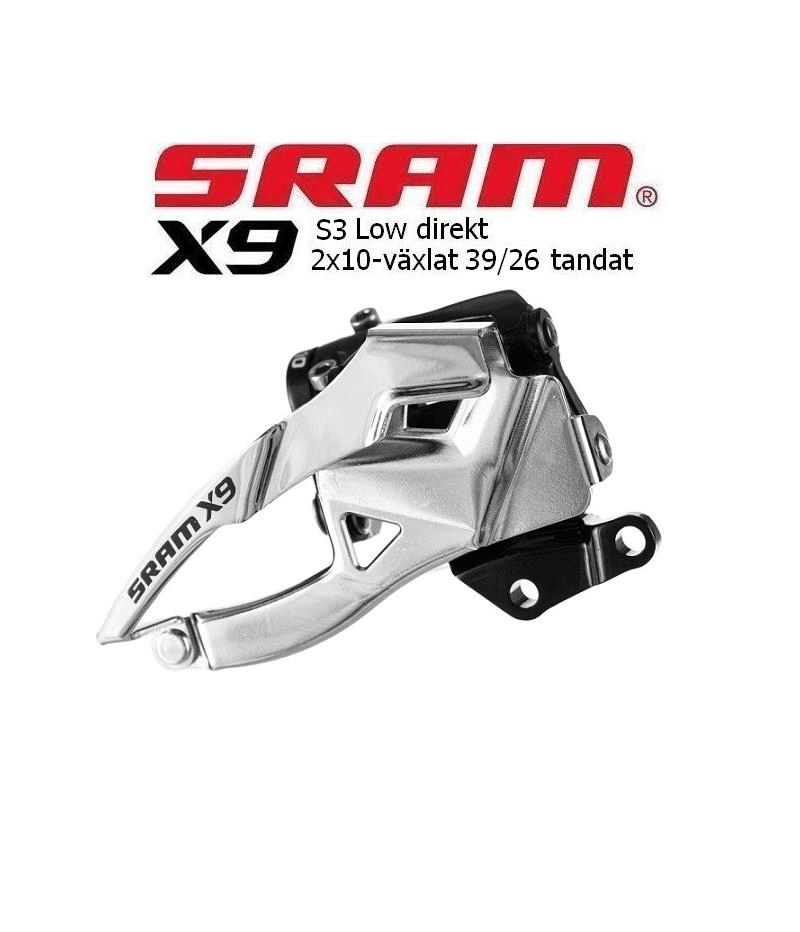 Sram-X9-2x10-1.png Detaljerad bild av en SRAM X9 S3 framväxel för direktmontage, avsedd för 2x10-växlade system. Silverfärgad metall och svarta detaljer med starkt ljus som framhäver formen.