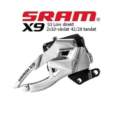 Närbild av en SRAM X9 S3 framväxel, låg direktmonterad, för 2x10 växlar. Silverfärgad metall och svarta detaljer framhävs av starkt ljus och skapar en skarp kontrast.