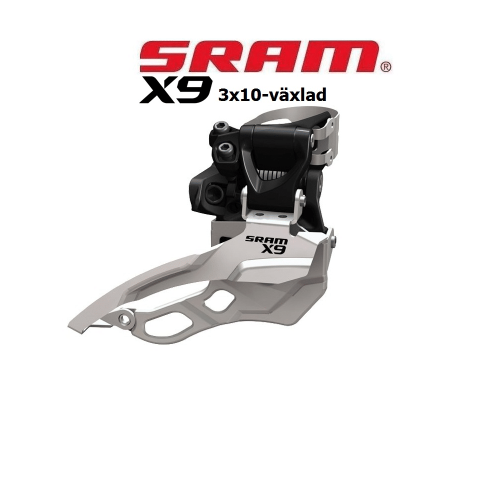 Detaljerad bild av en Sram X9 framväxel med högklamma för 3x10 växlar. Växeln visas i silver och svart mot en ren, ljus bakgrund med fokus på detaljrikedom och tydlighet.