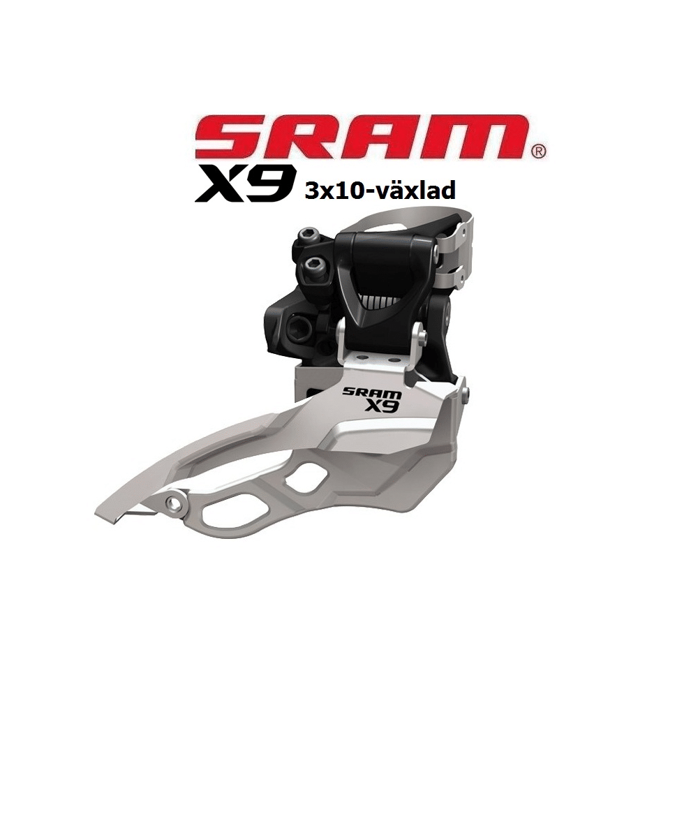 Sram-X9-3x10-1.png Detaljerad bild av en Sram X9 framväxel med högklamma för 3x10 växlar. Växeln visas i silver och svart mot en ren, ljus bakgrund med fokus på detaljrikedom och tydlighet.