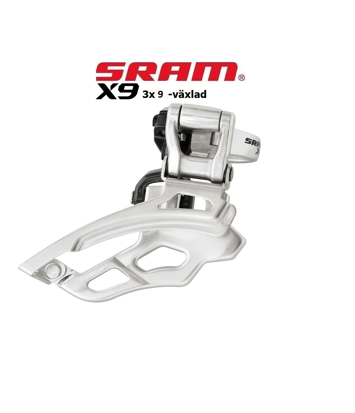 Sram-X9-3x9-1.png Silvrig framväxel Sram X9 med högklamma, avsedd för 3x9-växlad drivlina. Produkten presenteras i en studiobelysning mot en ren, vit bakgrund.