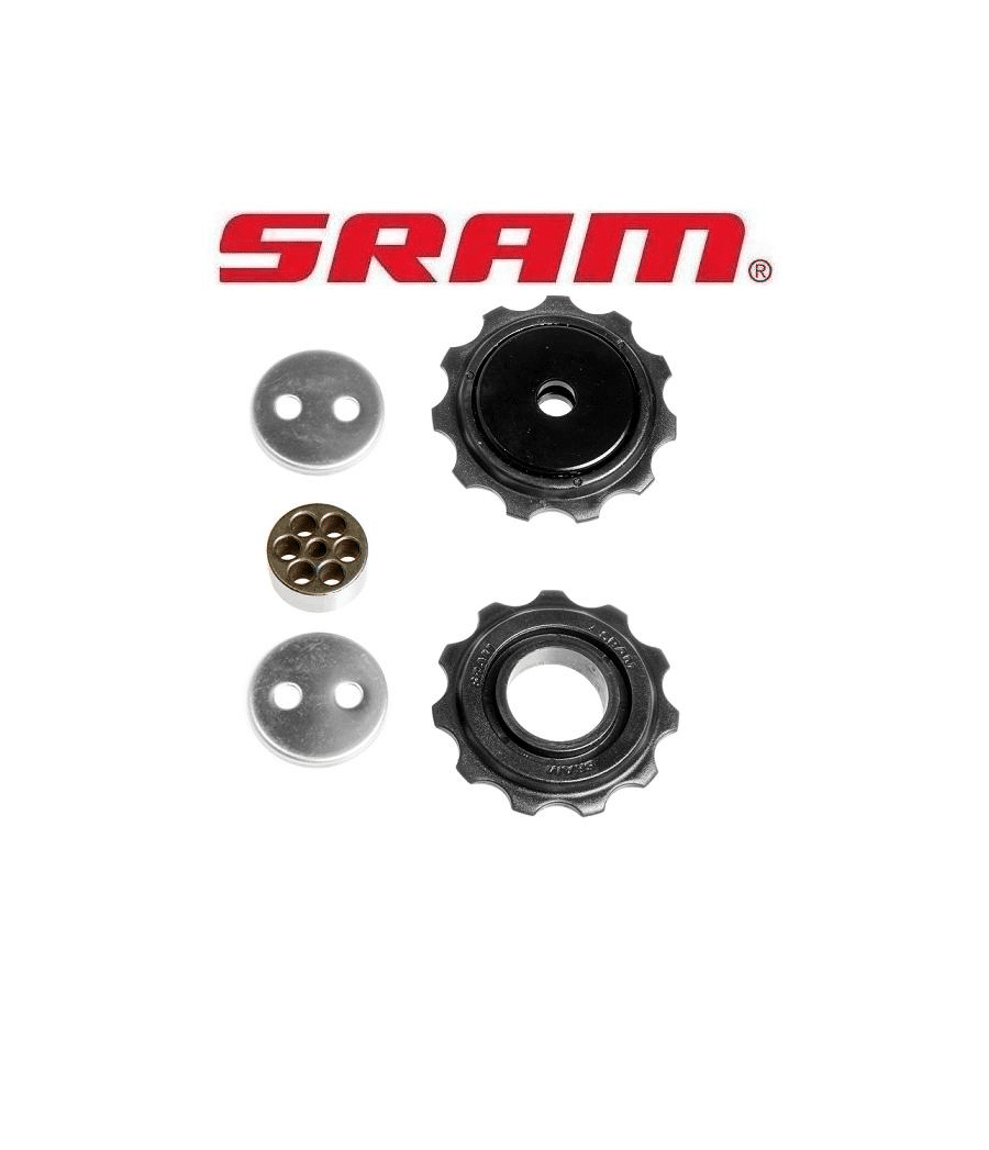 Sram-X9-Rulltrissor.png Närbild av Sram X9 rulltrissor för 9-växlat system. De svarta trissorna och tillhörande komponenter framhävs av en skarp belysning mot en vit bakgrund, med Sram-logotypen tydligt placerad ovanför.