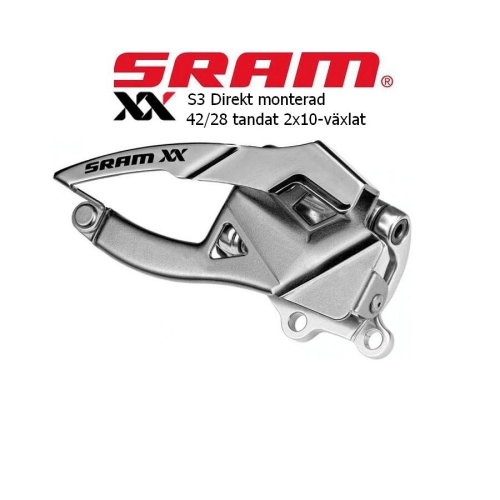 En detaljerad bild av en SRAM XX framväxel, S3 direktmonterad för 2x10-växlar. Fångad i en studio med jämn belysning vilket framhäver den silvriga metalliska finishen och de precisa detaljerna.