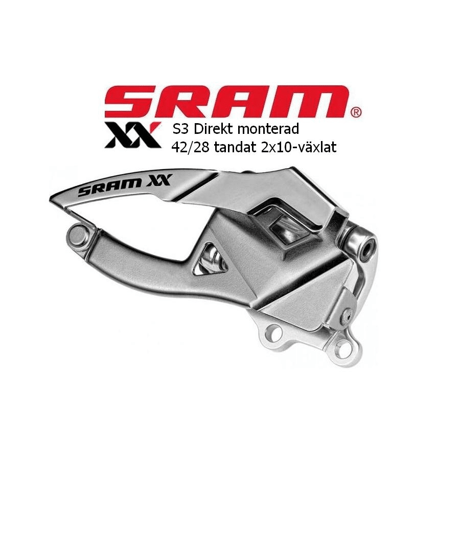 Sram-XX-2x10-2.png En detaljerad bild av en SRAM XX framväxel, S3 direktmonterad för 2x10-växlar. Fångad i en studio med jämn belysning vilket framhäver den silvriga metalliska finishen och de precisa detaljerna.