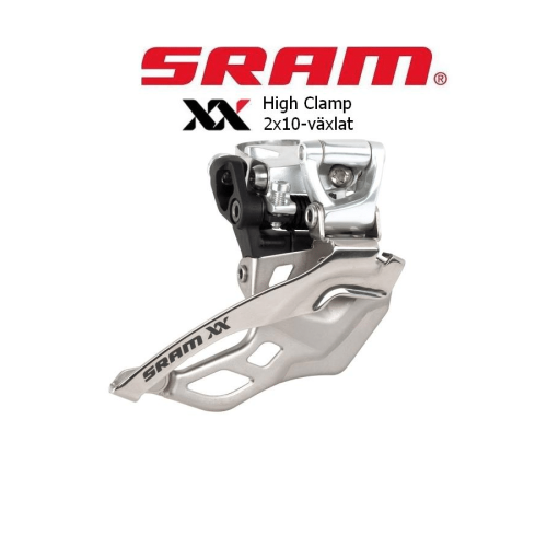 Detaljerad bild av en Sram XX framväxel för mountainbike, med hög klämma och avsedd för 2x10-växlade system. Silverfärgade metallkomponenter syns tydligt i skarpt ljus.
