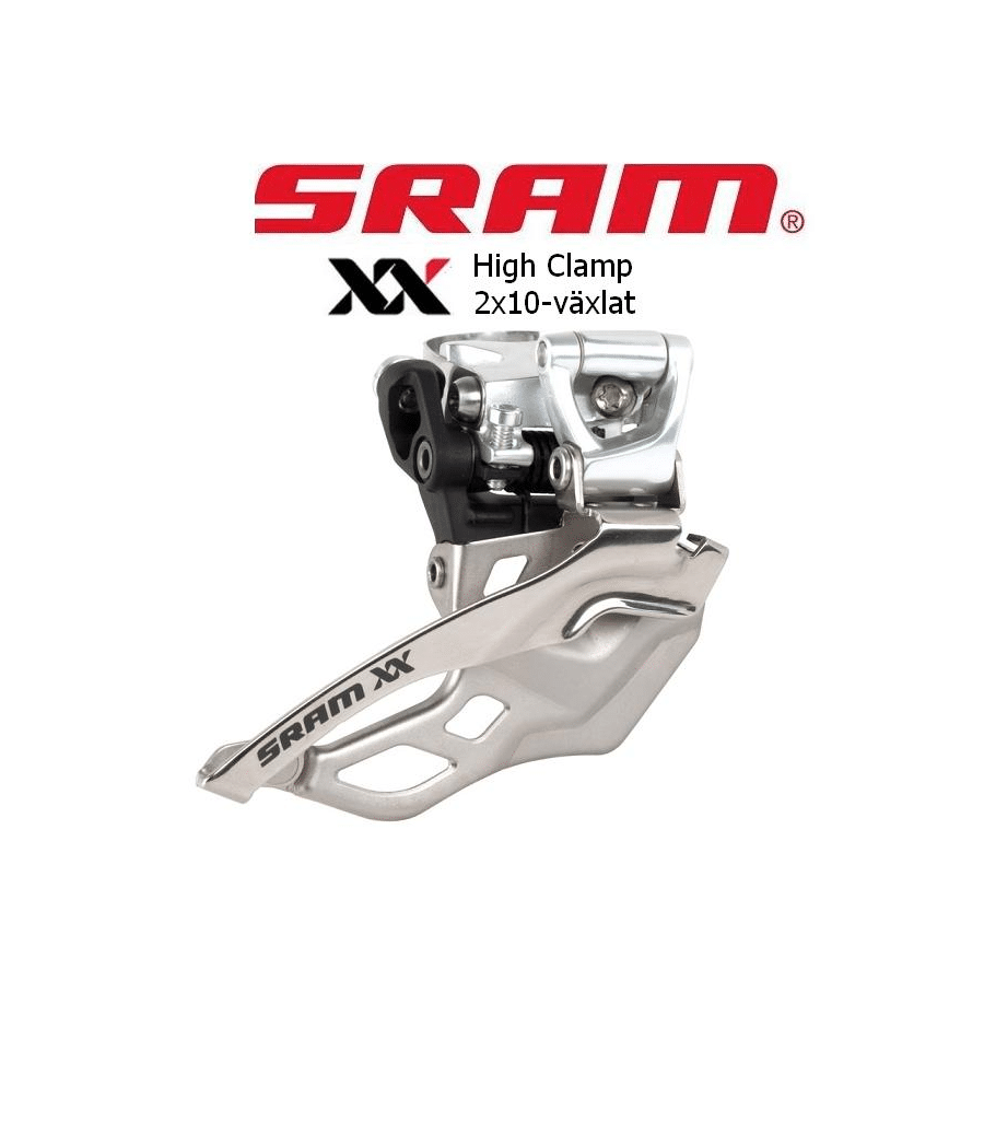 Sram-XX-2x10-3.png Detaljerad bild av en Sram XX framväxel för mountainbike, med hög klämma och avsedd för 2x10-växlade system. Silverfärgade metallkomponenter syns tydligt i skarpt ljus.
