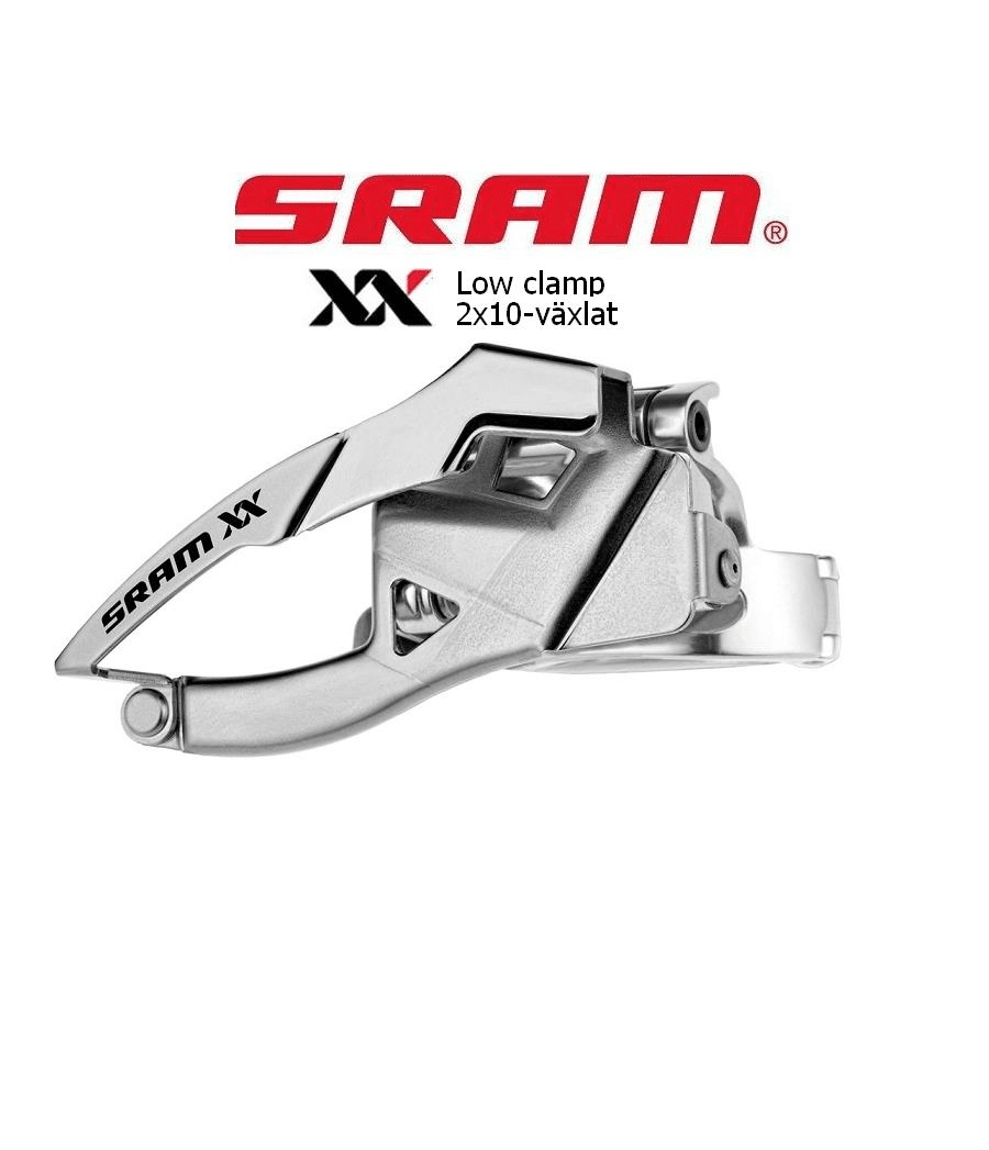 Sram-XX-2x10-4.png Detaljerad bild av en SRAM XX framväxel med låg klämma, avsedd för 2x10 växlar. Den silvriga mekanismen presenteras mot en vit bakgrund i ett studioljus.