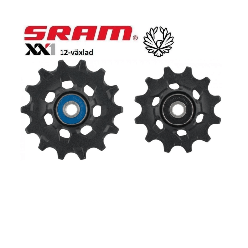 Två detaljerade SRAM XX1 Eagle rulltrissor visas mot en ren, vit bakgrund. Den vänstra rulltrissan har en blå detalj i mitten, medan den högra har en svart. SRAM-logotypen syns också.