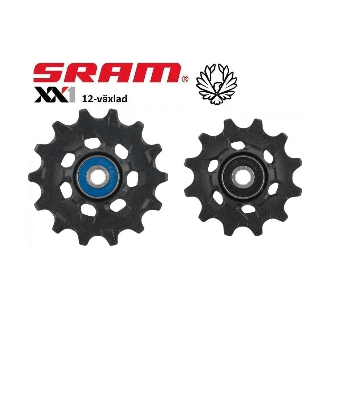 Sram-XX1-Eagle-Rulltrissor.png Två detaljerade SRAM XX1 Eagle rulltrissor visas mot en ren, vit bakgrund. Den vänstra rulltrissan har en blå detalj i mitten, medan den högra har en svart. SRAM-logotypen syns också.