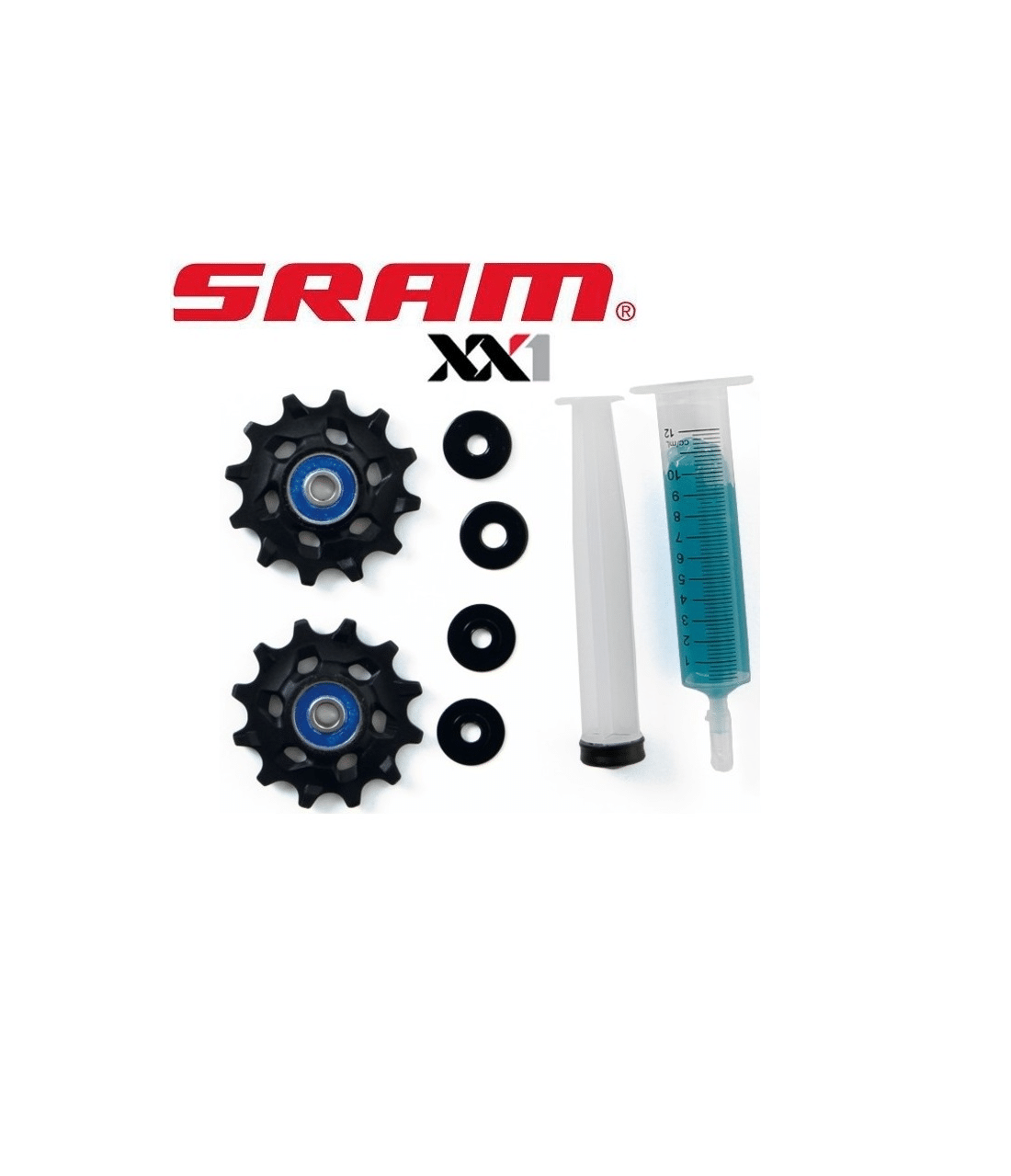 Sram-XX1-Rulltrissor.png Två SRAM XX1 rulltrissor, tre distanser och en spruta med turkos vätska visas mot en ren vit bakgrund. Produktfotografering med detaljskärpa och jämn belysning.