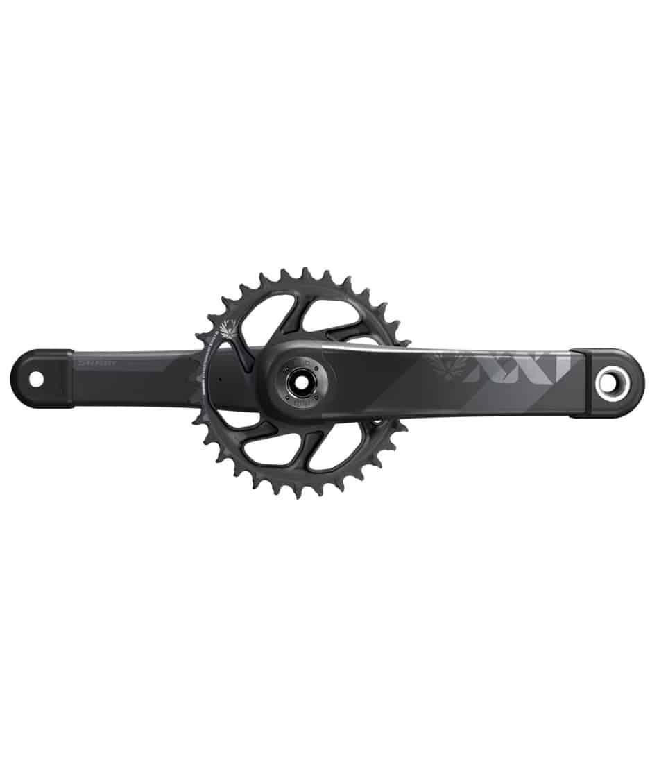 Sram-XX1-Svart-32T.jpg Svart Sram XX1 Eagle DUB Boost 1x12s vevparti, detaljerat med kedjekrans och vevarmar, presenterat under jämn och tydlig belysning för att framhäva designen.
