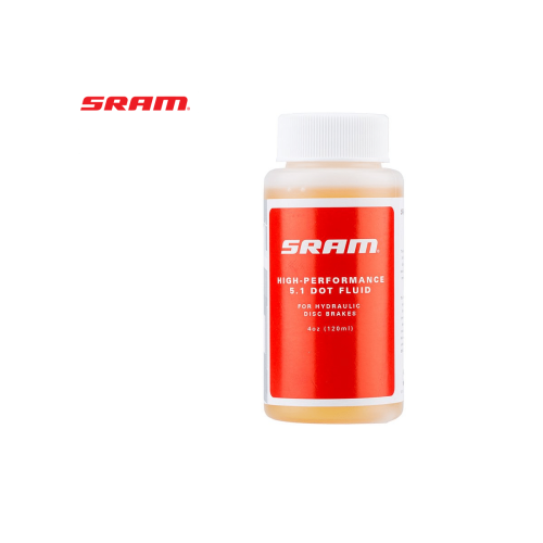 En flaska bromsvätska, SRAM High-Performance 5.1 DOT Fluid, står i ett starkt, jämnt ljus mot en vit bakgrund. Den genomskinliga flaskan avslöjar vätskans ljusgula ton under en vit kork.