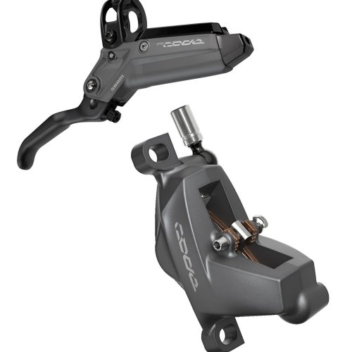 Närbild av ett skivbromsset Sram Code Bronz. Setet har en grå ton och starkt ljus framhäver de fina detaljerna. Används för montering fram och bak.