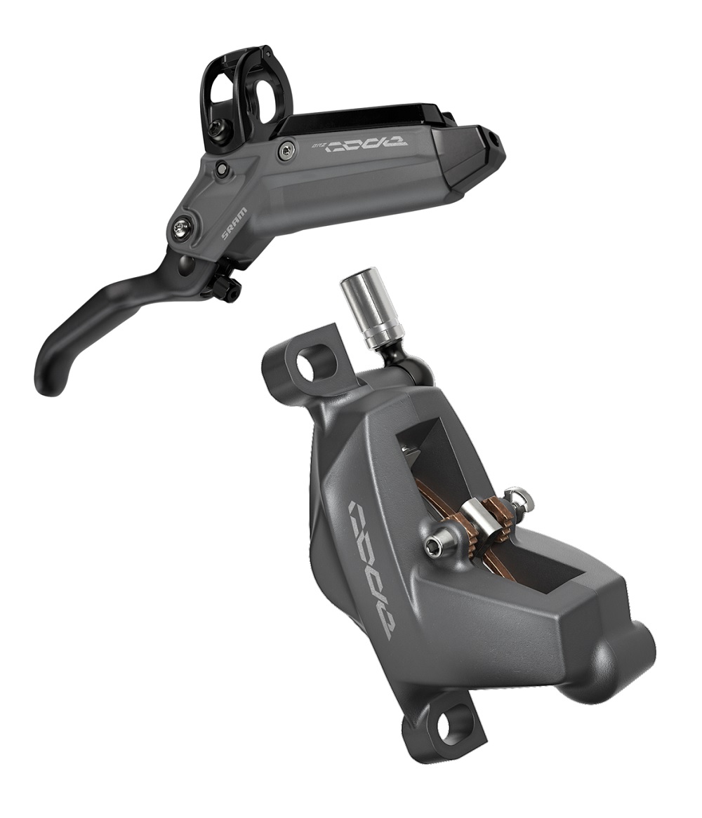 Sram-code-bronz Närbild av ett skivbromsset Sram Code Bronz. Setet har en grå ton och starkt ljus framhäver de fina detaljerna. Används för montering fram och bak.