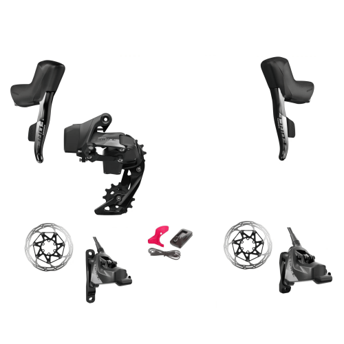 Detaljerad översikt över Sram Force AXS Etap Disc Flat Mount uppgraderingskit, 1x12s. Setet visas med komponenter som bromsar, reglage och bakväxel, allt mot en ren, vit bakgrund.