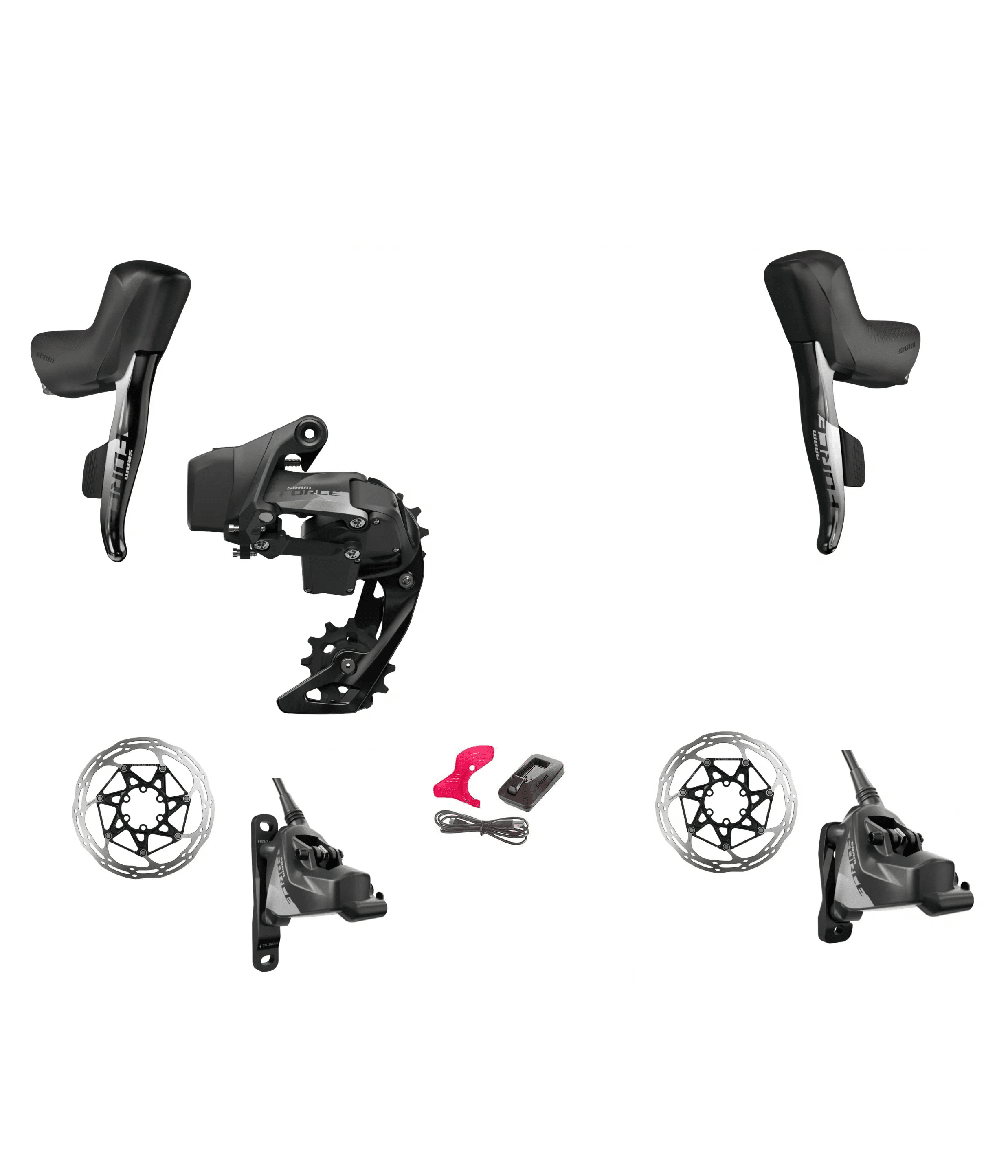 Sram-force-axs-etap1.png Detaljerad översikt över Sram Force AXS Etap Disc Flat Mount uppgraderingskit, 1x12s. Setet visas med komponenter som bromsar, reglage och bakväxel, allt mot en ren, vit bakgrund.