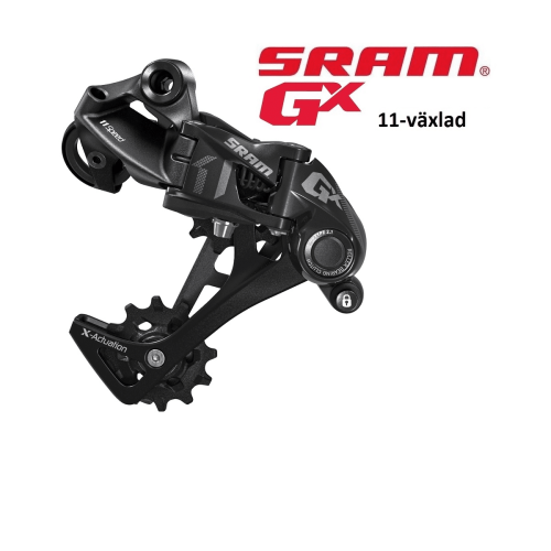 Detaljerad bild av en SRAM GX Type 2.1 bakväxel, 11-växlad. Den svarta mekanismen är perfekt belyst, vilket framhäver de tekniska detaljerna. "X-Actuation" och "Roller Bearing Clutch" är tydligt synliga.