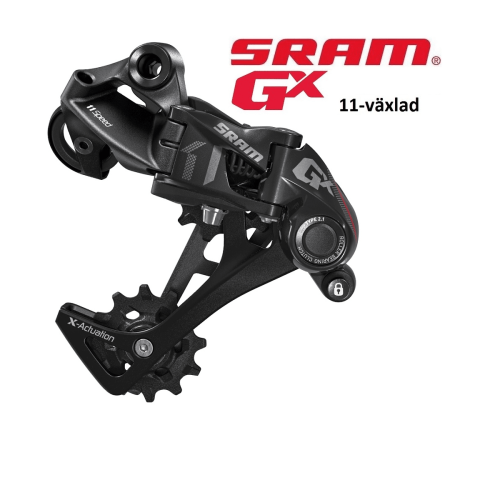 Närbild av en svart Sram GX Type 2.1 bakväxel, 11-växlad, mot en ljus bakgrund. Belysningen är jämn och framhäver produktens detaljer och texturer, med fokus på dess tekniska design och funktion.
