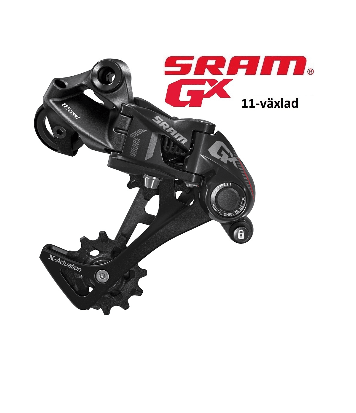 Sram-gx-1x11-red.png Närbild av en svart Sram GX Type 2.1 bakväxel, 11-växlad, mot en ljus bakgrund. Belysningen är jämn och framhäver produktens detaljer och texturer, med fokus på dess tekniska design och funktion.