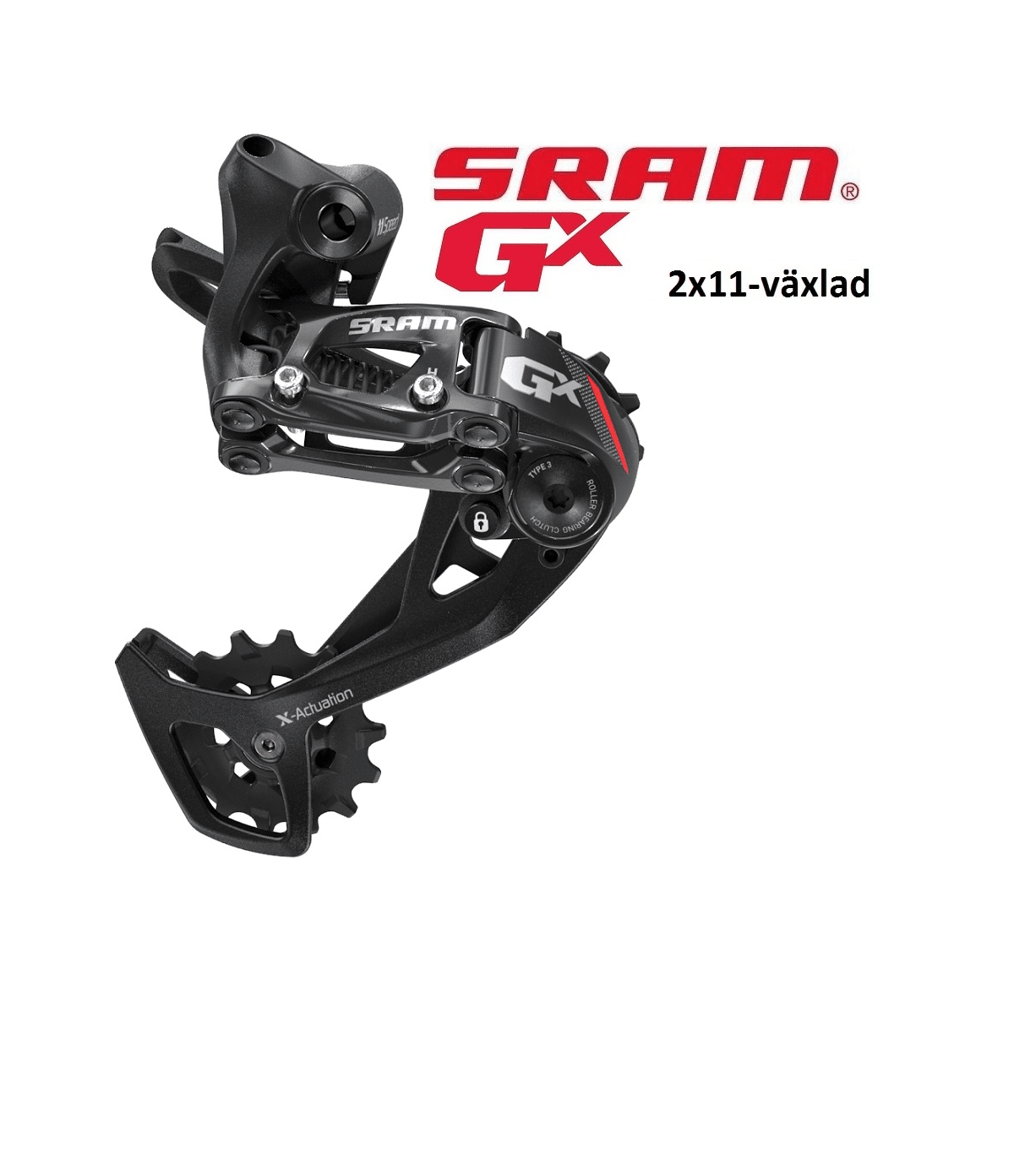Sram-gx-2x11-grey.png Närbild av en svart Sram GX bakväxel, avsedd för 2x11-växlade system. Kontrastrika detaljer framhäver växeltekniken, med ett starkt ljus som betonar de tekniska aspekterna.