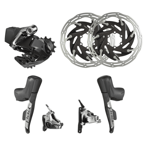Detaljerad bild av ett Sram Red AXS Etap Disc Flat Mount uppgraderingskit, 12-växlat. Utmärkt ljussättning framhäver komponenternas textur och design.