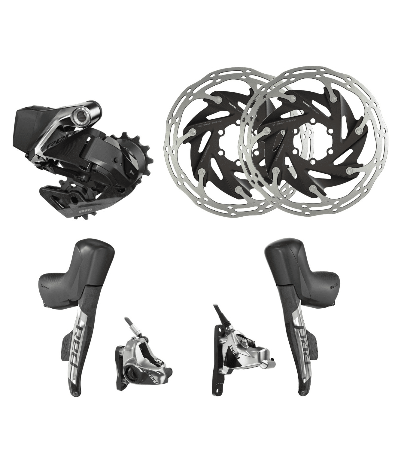 Sram-red-axs-etap3.png Detaljerad bild av ett Sram Red AXS Etap Disc Flat Mount uppgraderingskit, 12-växlat. Utmärkt ljussättning framhäver komponenternas textur och design.