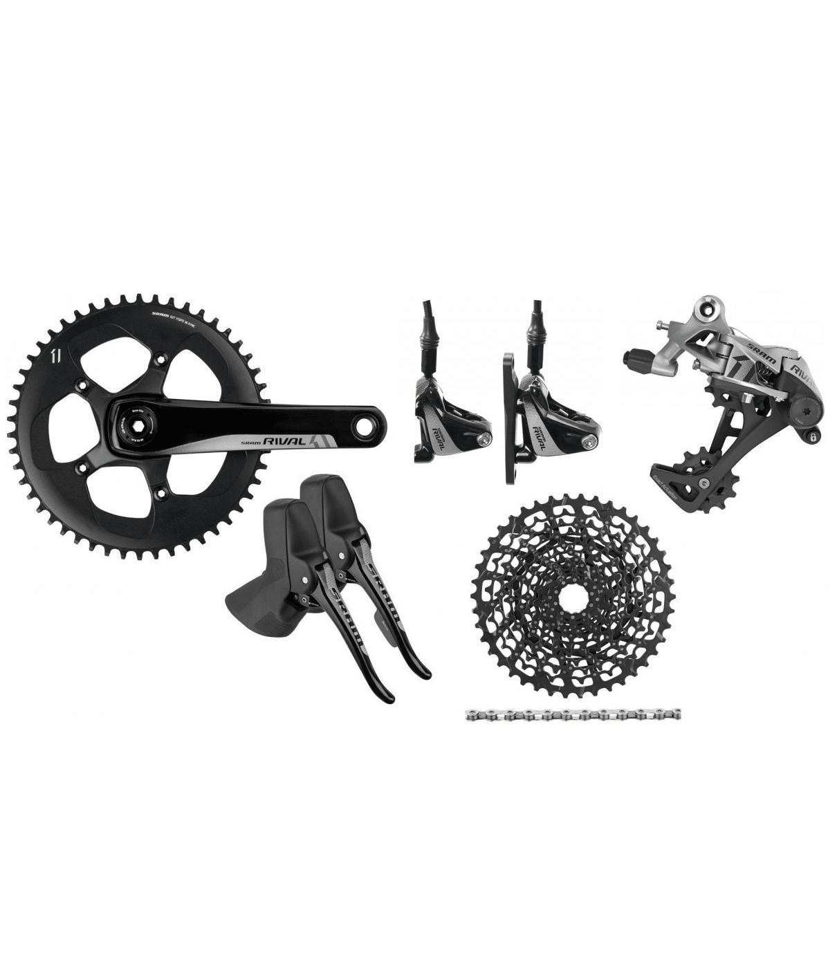 Sram-rival-1x11-1.png Närbild av en Sram Rival 1x11 GXP-gruppset med ett 50-tandat vevparti, framväxel, bakväxel, reglage, kassett och kedja mot en vit bakgrund. Utmärkt skärpa och balanserad belysning.