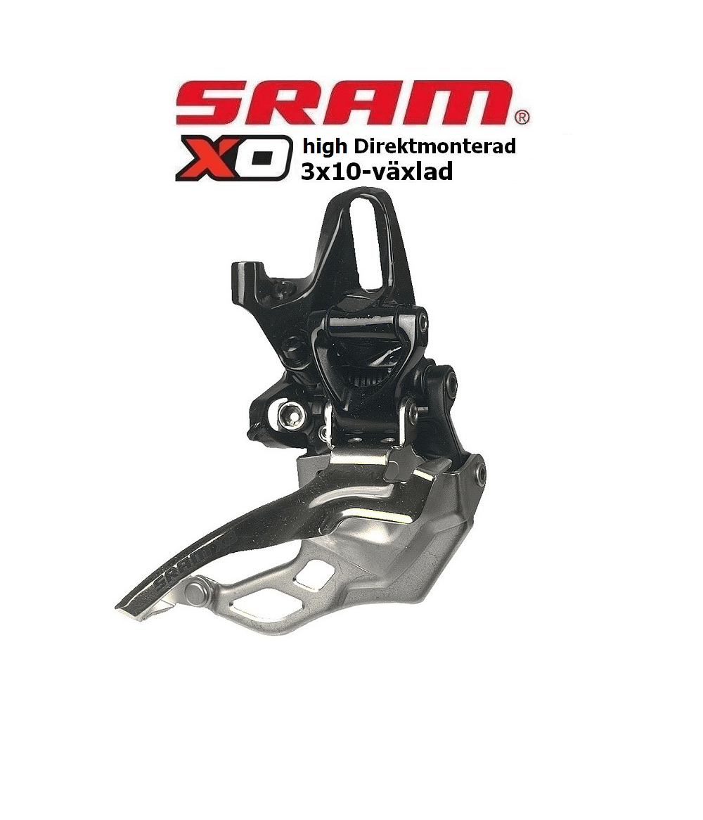 Sram-x0-3x10-1.png Detaljerad bild av en Sram X0 framväxel för direktmontage, avsedd för 3x10-växlad cykel. Komponenten framträder i en studiomiljö med ren bakgrund, vilket framhäver dess mekaniska detaljer och design.