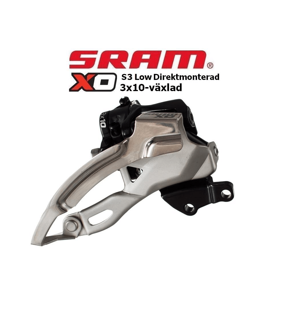 Sram-x0-3x10-3.png Detaljrik bild av en Sram X0 S3 direktmonterad framväxel för 3x10 växlar. Produkten är belyst i en studiomiljö och visar dess konstruktion i silver och svart.