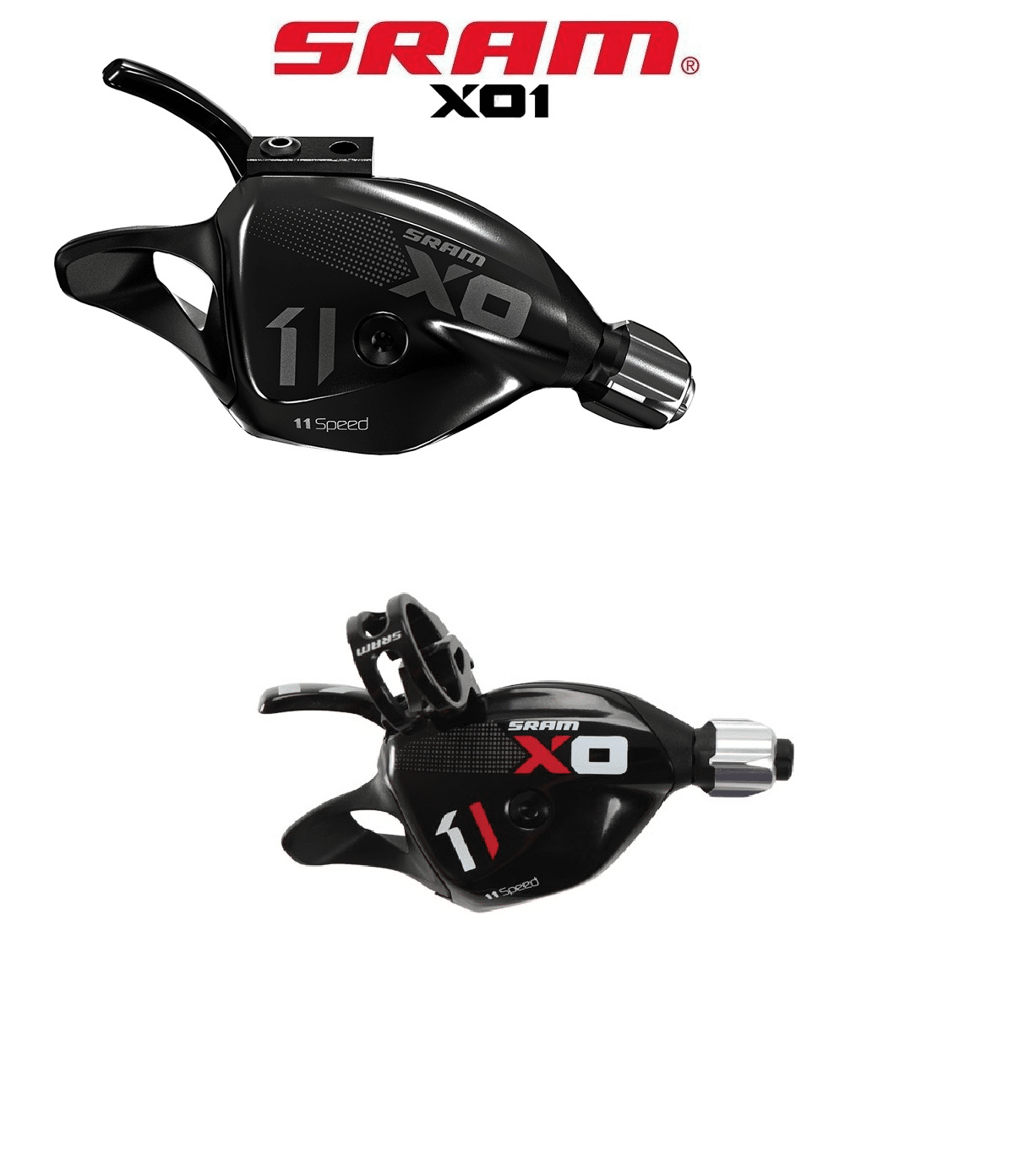 Sram-x01-reglage-11.png Två SRAM X01 Trigger växelreglage för 11 växlar visas mot en vit bakgrund, med skarpt ljus som framhäver detaljerna i den svarta och silvriga designen.