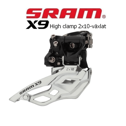 Detaljerad bild av en SRAM X9 framväxel med högklamma för 2x10 växlar. Silverfärgade metalldelar och svart mekanism syns tydligt i bra belysning.