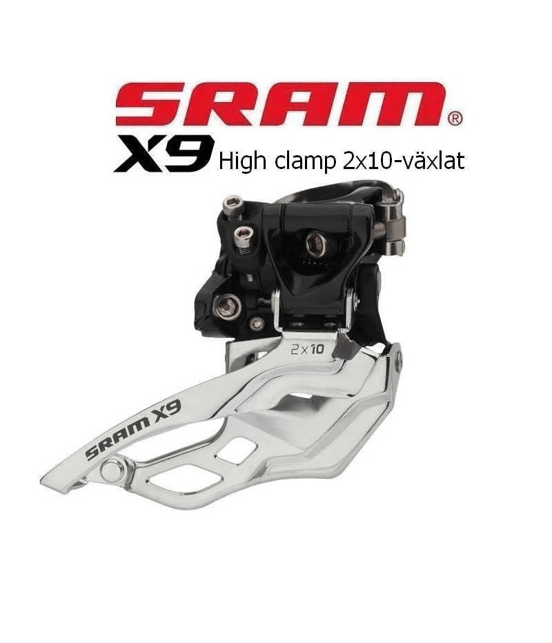 Sram-x9-2x10-3.png Detaljerad bild av en SRAM X9 framväxel med högklamma för 2x10 växlar. Silverfärgade metalldelar och svart mekanism syns tydligt i bra belysning.
