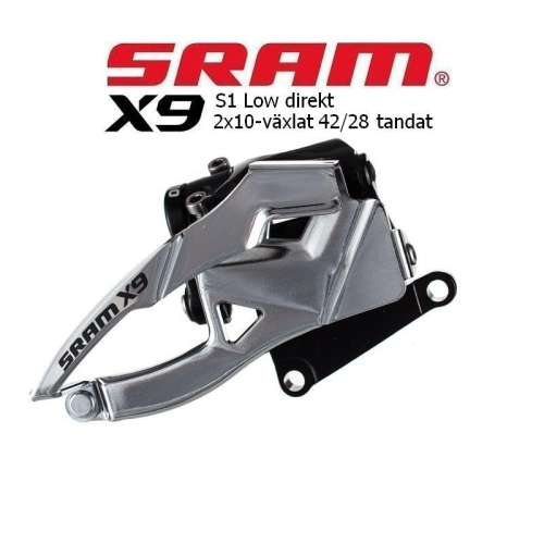 Närbild av en Sram X9 S1 framväxel för cyklar. Den silverfärgade växeln, avsedd för direktmontage och 2x10-växlade system, står i skarp fokus mot en ren vit bakgrund.