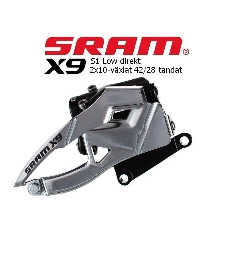 Sram-x9-2x10-4.png Närbild av en Sram X9 S1 framväxel för cyklar. Den silverfärgade växeln, avsedd för direktmontage och 2x10-växlade system, står i skarp fokus mot en ren vit bakgrund.