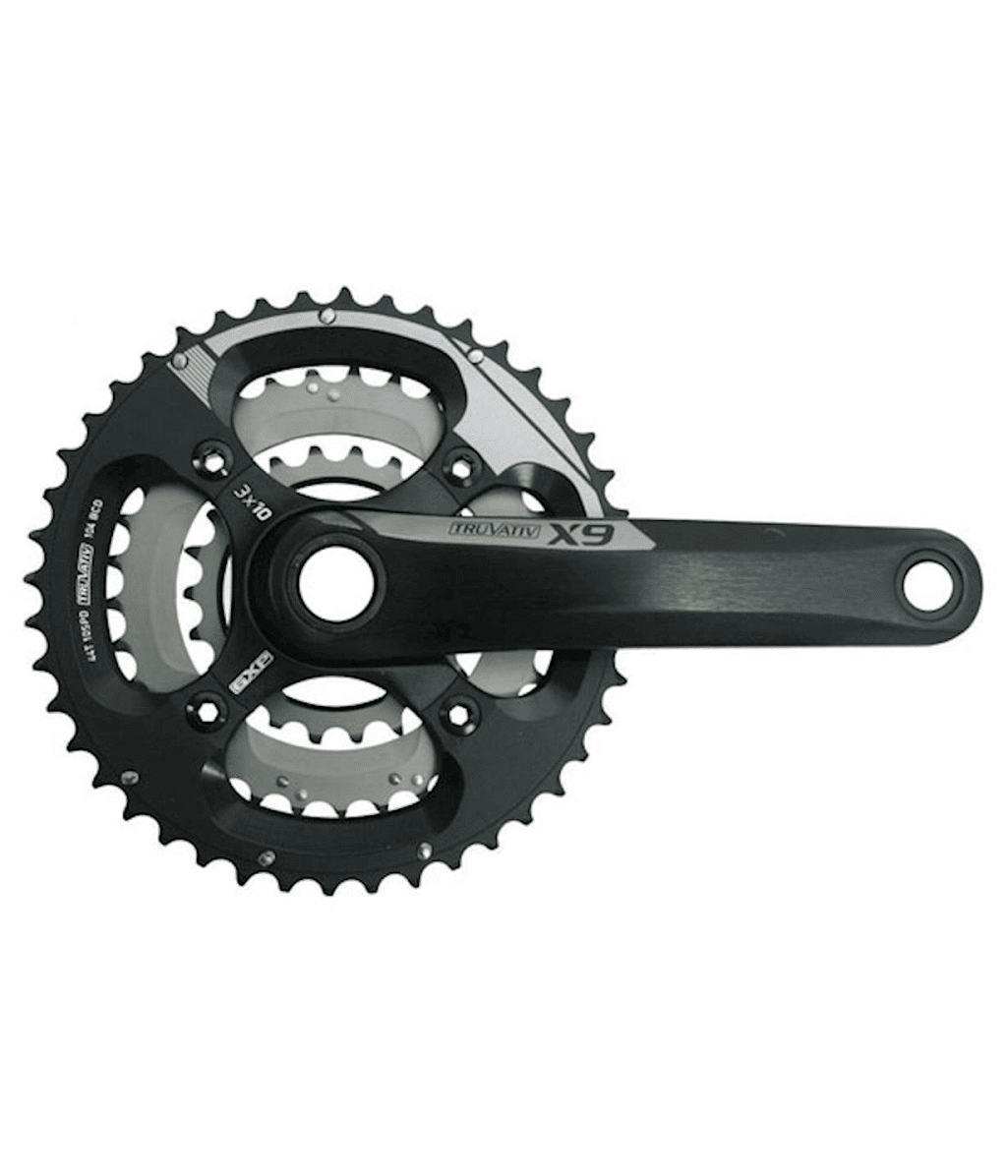 Sram-x9-vev.png Detaljerad bild av ett Sram X9 BB30 vevparti, 44/33/22T, designat för 3x10 växlar. Vevarmen är svart med silverdetaljer, under bra ljusförhållanden som framhäver detaljerna.