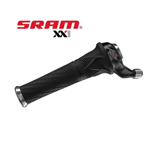Svart Sram XX1 Twist Shifter växelreglage för 1x11s. Handtag med räfflad yta och silvriga ändar. Belyst av mjukt diffust ljus som framhäver detaljerna.