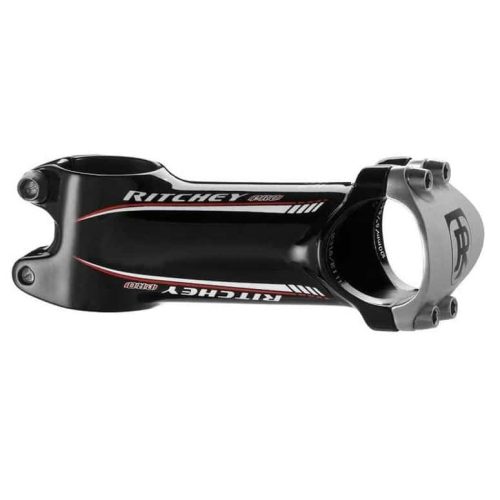En Ritchey Pro Axis 44 oversize styrstam för racer/MTB-cyklar. Den är svart med vita och röda detaljer, med en silverfärgad klämma för 31,8mm styren. Produktbilden är tagen i studiobelysning.