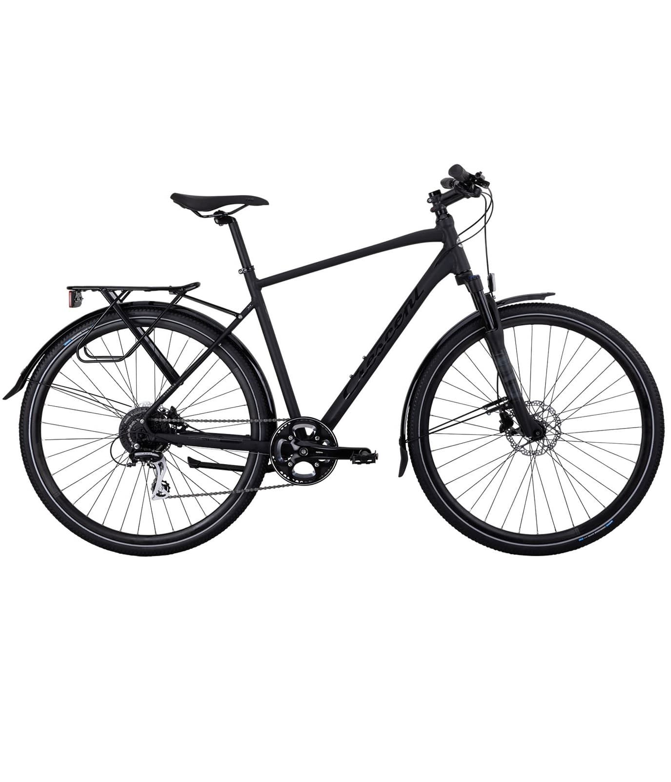 Starren-8-vxl.jpg Herrcykel Crescent Starren 8s, 28" i svart visas i profil mot en vit bakgrund, med fjädring fram, lasthållare bak, skivbromsar och platt styre.