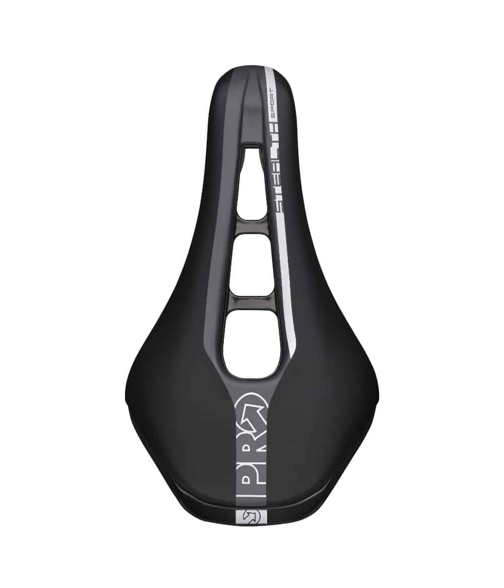 Stealth-sport.jpg En detaljerad bild av en svart Pro Stealth Sport sadel, perfekt för cykling. Den slanka designen och de utskurna partierna ger en lätt känsla. Den rena bakgrunden förstärker fokuset på produkten.