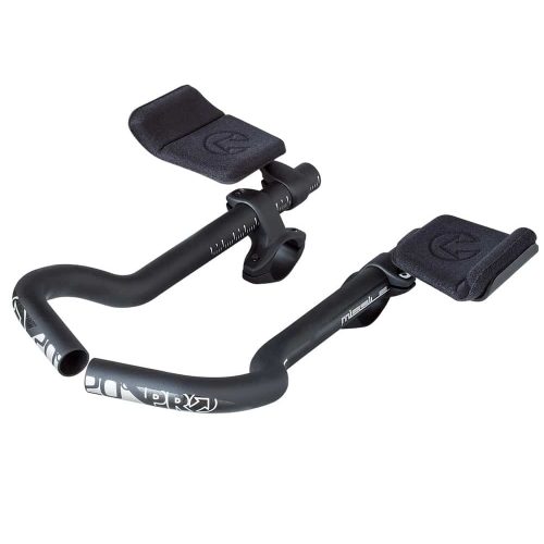 Detaljerad bild av ett Tempostyre Pro Missile tempo Triathlon Tri-bend clip-on. Atmosfären är ren med detaljerade skuggor som visar produktens kurvor och design.