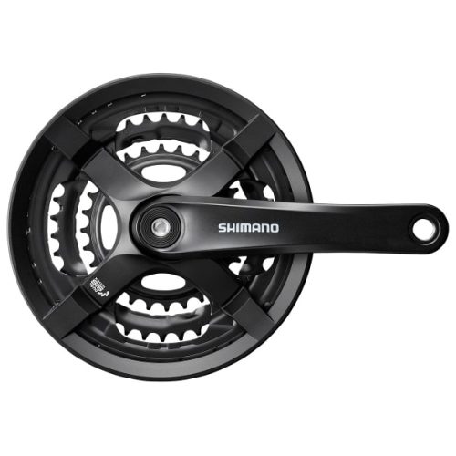 Vevparti Shimano FC-TY501 i svart, en detaljerad bild som visar tre kedjekransar och vevarmen med Shimano-logotypen. Jämn belysning framhäver de komplexa detaljerna i mekanismen.