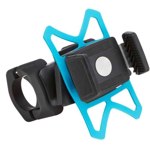 Telefonhållare Thule Smartphone Bike Mount är en svart och blå justerbar telefonhållare med klämfäste, flexibel silikonrem och texturerad greppyta, utformad för styren eller liknande ytor.