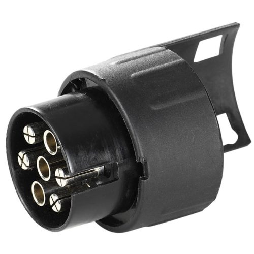 Adapter Thule 9907, en svart cylindrisk 13- till 7-polig släpvagnsadapter med synliga metallstift och räfflat grepp, visas på en vit bakgrund.