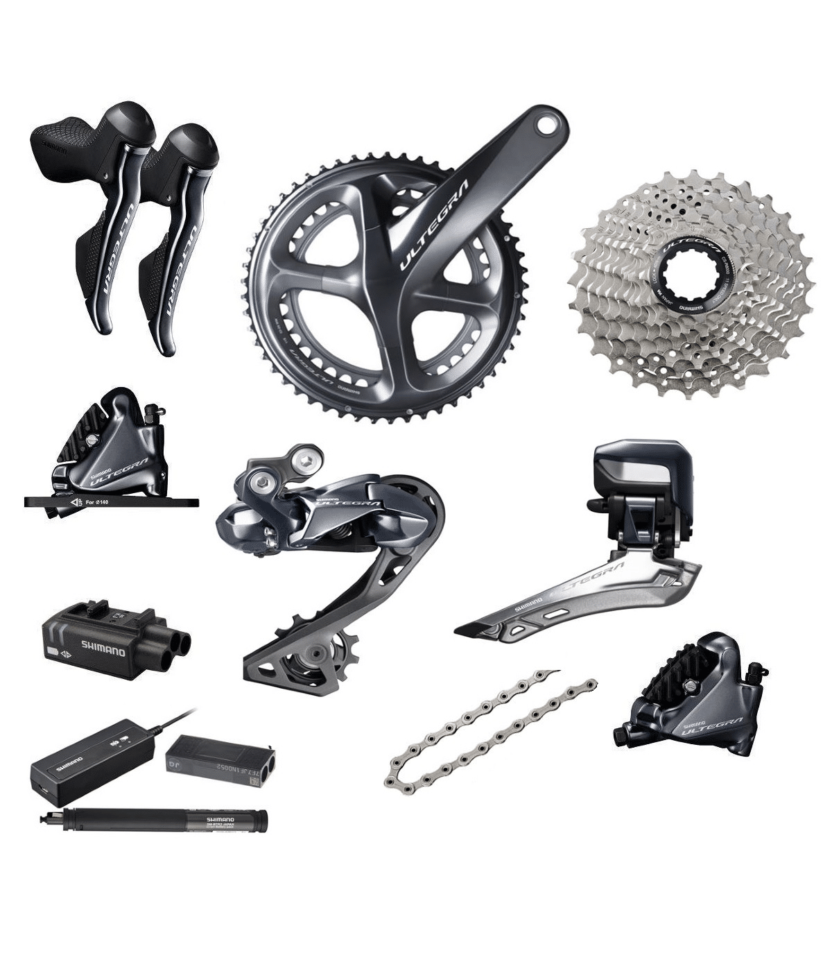 ULTEGRA-di2grupp-52-36.png Mörkgrå Shimano Ultegra R8070 Di2 grupp, 11-delad, visas i ett ljust och detaljrikt produktfoto. Komponenter inkluderar bromsar, växlar, kassett och kedja, arrangerade på en vit bakgrund.