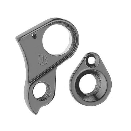 Bilden visar två Växelöra Marwi Union GH-176 cykelväxelhängare i polerad metall mot en vit bakgrund - en större med tre hål och en mindre med två hål.