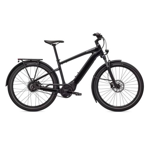 En svart elcykel med fjädring fram